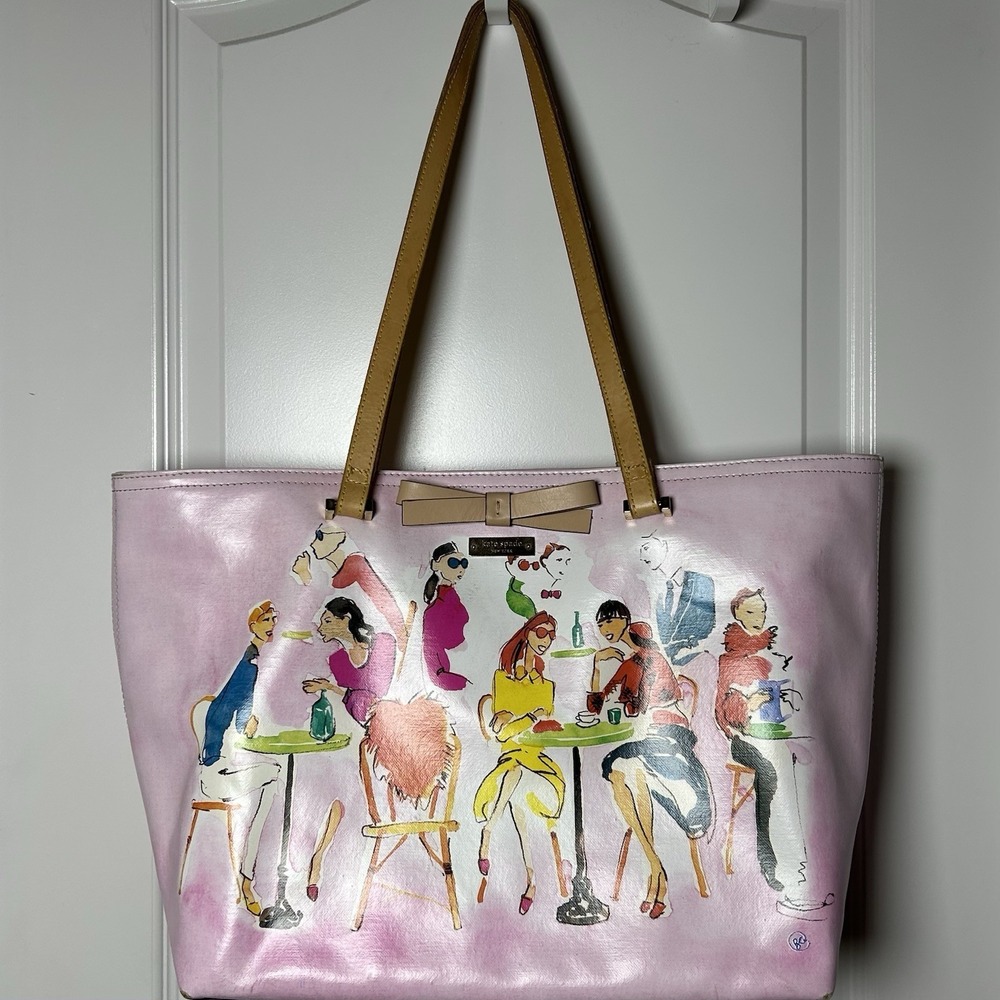 Kate Spade New York Ooh La La Francis Cafe Print Gold Hardware Leather Tote Bag